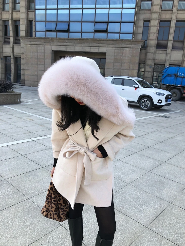 Новое поступление великолепное пальто из натуральной шерсти и кашемира модное женское пальто большого размера с капюшоном из натурального Лисьего меха Abrigos Mujer Invierno Elegante
