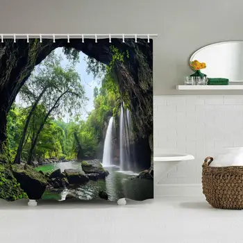 

Cave waterfall beauty polyester printed waterproof shower curtain bathroom partition curtain factory direct sales