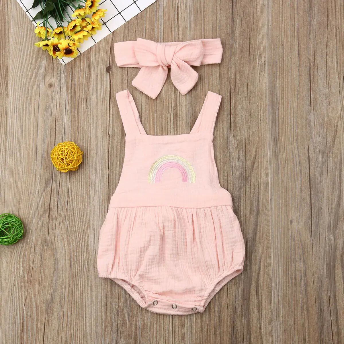 Newborn Baby Girl Embroidery Rainbow Romper Backless Jumpsuit Headband Soft Cotton Outfit Set Clothes Summer Linen Vestidos