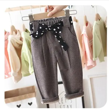 Новые хлопковые брюки с бантом для маленьких девочек, детская одежда на весну-осень, Свободные повседневные штаны для детей - Цвет: Коричневый