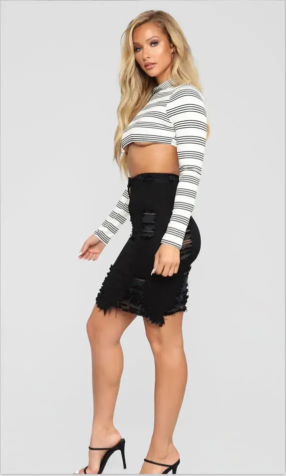 black Wjustforu Sexy Mini Ripped Denim Skirt For Women 5 Color Fashion Bodycon Hole Jean Skirt Female Hollow Out Eelgant Club Skirt - Цвет: black