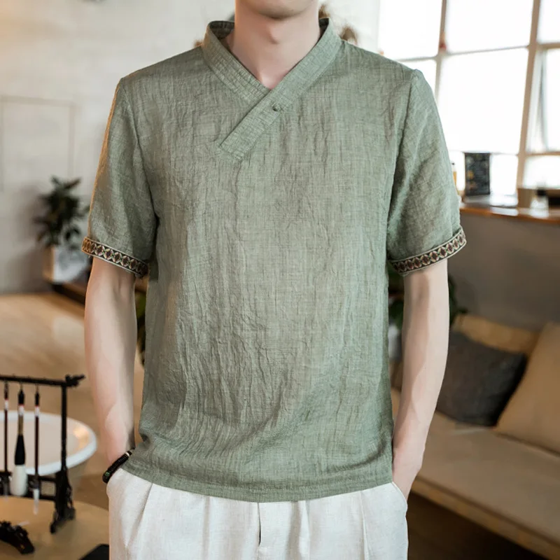 

2019 Summer New Style Chinese-style Short Sleeve T-shirt Men's Ethnic-Style Flax Short Sleeve T-shirt Solid Color Men'S Wear
