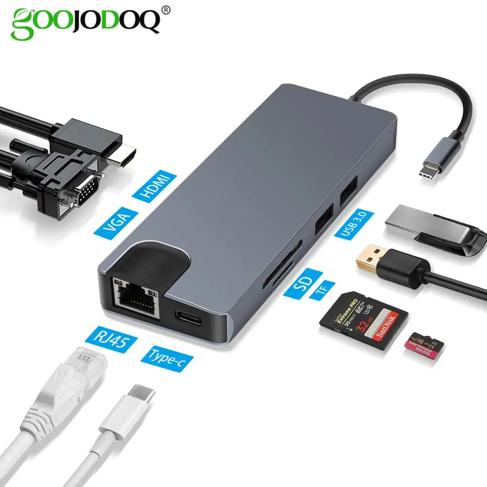 

USB Type C to HDMI VGA Gigabit Ethernet Lan RJ45 Adapter for Macbook Air Pro 2018 Type-C USB-C Hub Card Reader USB 3.0 PD Port
