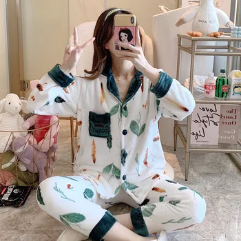 

Plus Size Female Pajamas Set Flannel Winter Home Clothes For Women Thick Warm Homewear Kawaii Pijama Mujer Velvet Sleepwear Suit