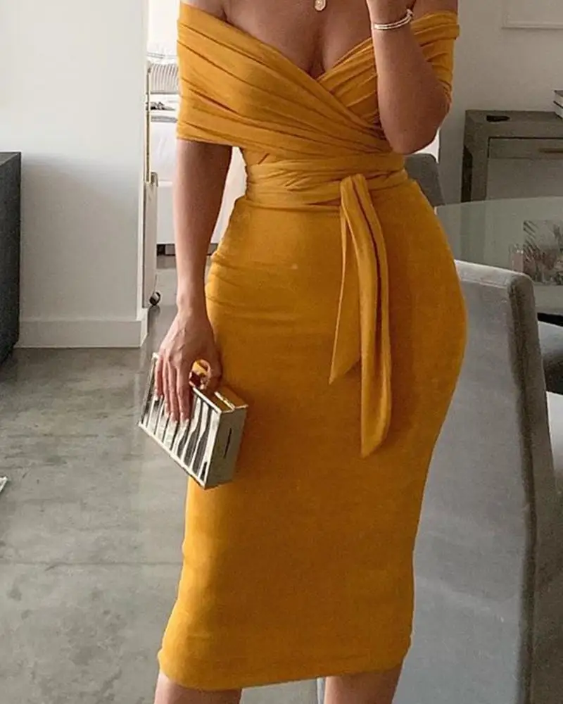 Women Solid Off Shoulder Wrap Dress Party Dress Sexy Dress Club Dress Women dress