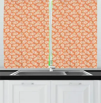 

Dark Peach Pastel Yellow Floral Kitchen Curtains Continuous White Flowers Polka Dotted Background Spring Details Window Drapes