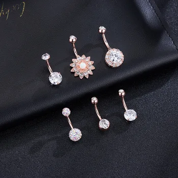 

6pcs Women Belly Button Rings Stainless Steel Flower CZ Cute Navel Rings Body Piercing Jewelry for Women