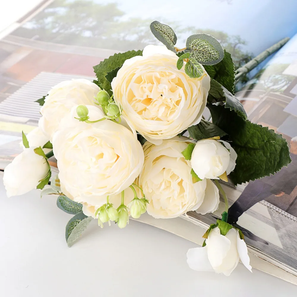 5 голов букет Красочные розы Пион Искусственные Шелковые цветы маленький букет Флорес домашние вечерние искусственный цветок для свадьбы Декор цветок
