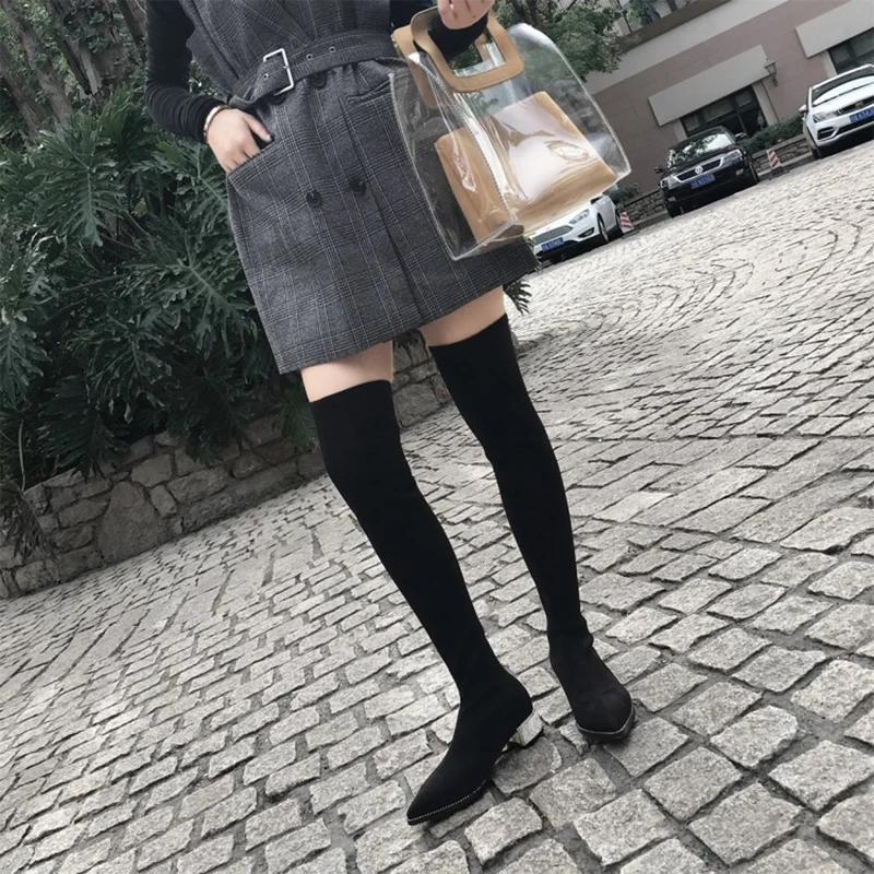 thigh high slip on shoes suede slim women boots pointed toe fashion crystal diamond chunky over the knee rhinestone black