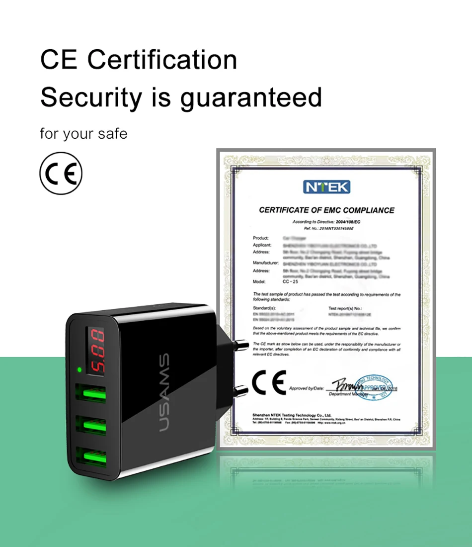 USAMS Dual USB 3USB зарядное устройство для мобильного телефона светодиодный дисплей 3A Быстрая зарядка EU зарядное устройство для iPhone samsung Xiaomi зарядное устройство адаптер 1 USB