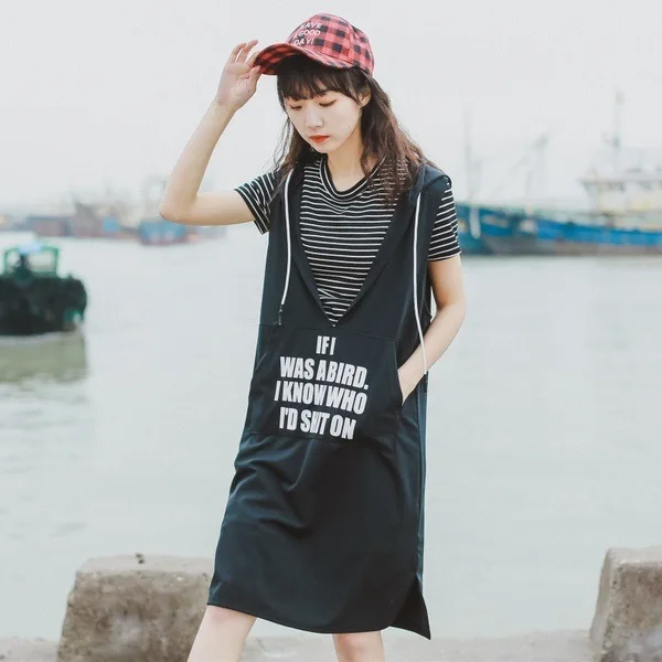 

Summer WOMEN'S Suit Korean-style Versatile Lettered Loose-Fit Camisole Hooded Dress Loose Casual Two-Piece Set S27389