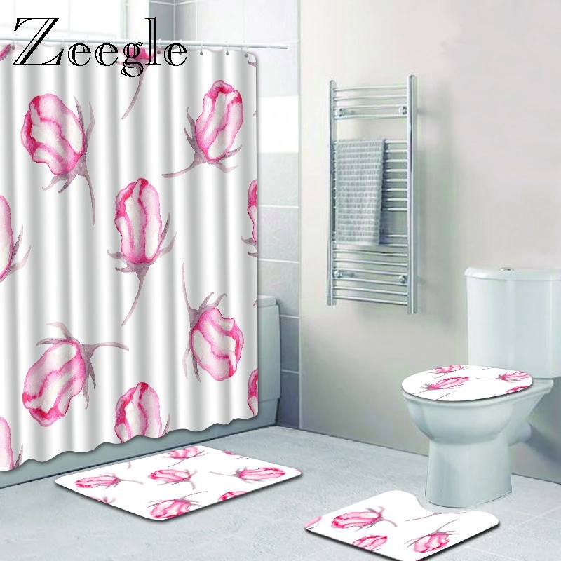 Zeegle Shower Curtain and Bath Mat Set Absorbent Toilet Pedestal Rug Foot Mat Anti Slip Toilet Pedestal Rug Foot Mat Toilet Set