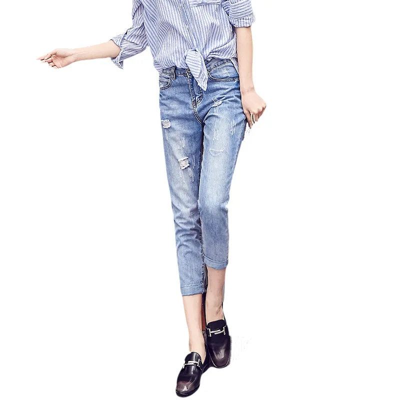 Loose Hole Jeans for Women Streetwear Fashion High Waist Washed Old Blue Ripped Holes Ankle Length Denim Pants