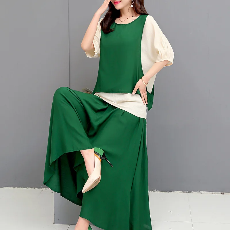 

2019 Summer New Style Retro Loose-Fit Mock Two-Piece Tops Loose Pants Solid Color Fashion Leisure Suit