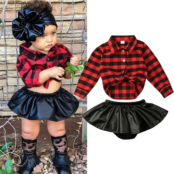 

Fashion Newborn Baby Girl Christmas Clothes Plaid Shirt Long Sleeve Tops+Black Leather Skirt 2pcs Set