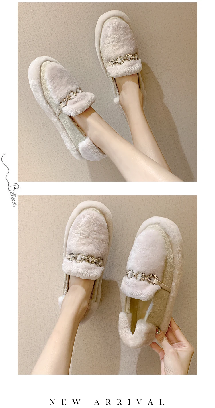 winter warm women cotton shoes creeper bottom anti-skid fur slip-on loafers rhinestone metal chain lazy outside casual moccasins