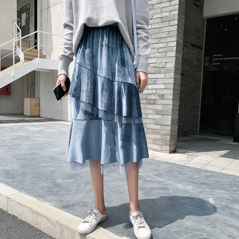 HAYBLST бренд торт юбка женская осень зима элегантный корейский стиль Повседневная мода сетка лоскутное высокая талия длинная одежда