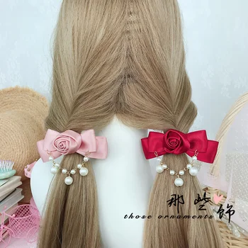 

Japanese Sweet Lolita Rose Hair Clip Pearls Bowknot Handwork Hair Accessories Headwear Women's Headdress Cosplay Hair Ornaments