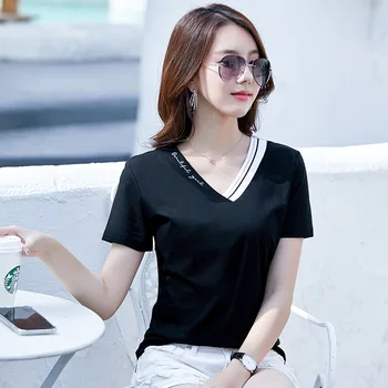 

Europe New Women Summer High Fashion Sexy V Neck Patchwork Letter Printing T Shirt Tops Female Casual Embroidery Oversize Shirts