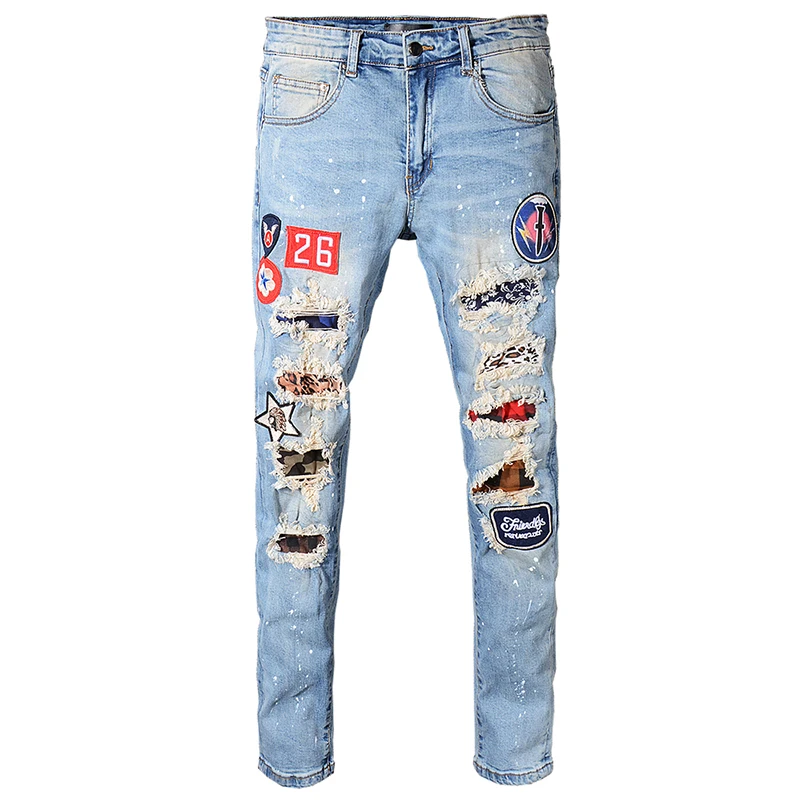Seveyfan Марка NEW FASHION Hi Street Для мужчин узкие Рваные джинсы модные значки с заплатами и джинсы в Брендовые джинсовые штаны для мужчин R2555