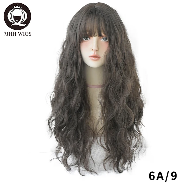 7JHH WIGS Blue Deep Wave Wig With Bangs For Women Long Omber Brown Hair Layered Heat Resistant Cosplay Party Synthetic Wig QH-6A-9