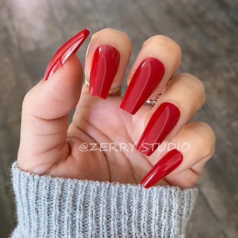 Wedding Red Coffin Press On Nails Long Full Cover New Year S Fake Nails With Design Impress French Ombre Ballerina Nep Nagels Aliexpress Beauty Health