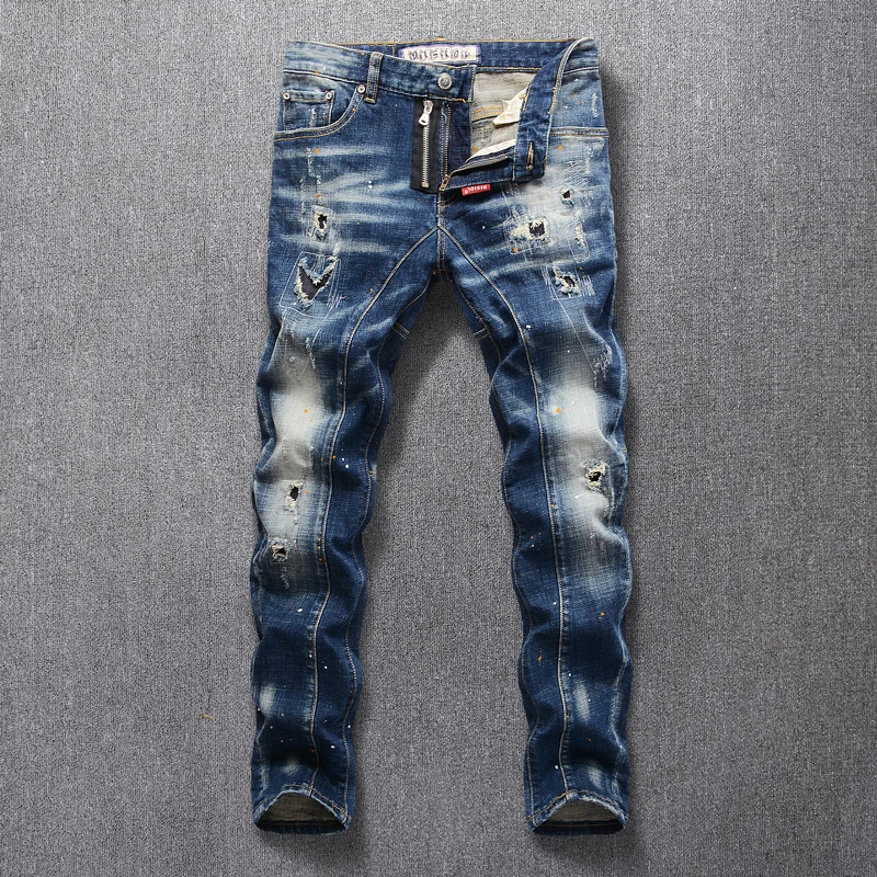 Italian Style Fashion Men Jeans Retro Blue Slim Fit Elastic Ripped Jeans Men Punk Pants Spliced Designer Hip Hop Jeans Homme Italian Style Fashion Men Jeans Retro Blue Slim Fit Elastic Ripped Jeans Men Punk Pants Spliced Designer Hip Hop Jeans Homme