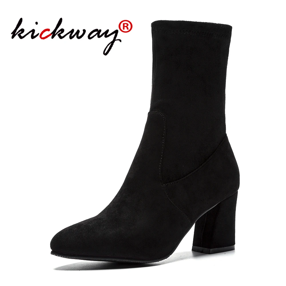 

2020 Women Ankle Boots Slip on Faux Suede Sock Boots Shoes Thick High Heels Pointed Toe All Match Women Boots Large Size 34-43
