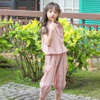 

2020 Brand New Summer Girls Clothing Sets Two Piece Vest Tshirts And Ankle Tied Pants Trendy Sleeveless Suit 12 Years Girl