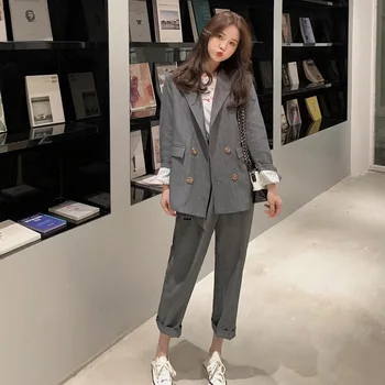

Women's suit 2019 autumn new casual fashion temperament loose solid color double-breasted small suit trousers two-piece set