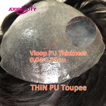 

THIN SKIN PU Human Hair Wig Vloop PU 0.04cm Toupee Indian Remy Hair System Replacement 30mm Wave Dark Brown Men Hairpiece 6inch
