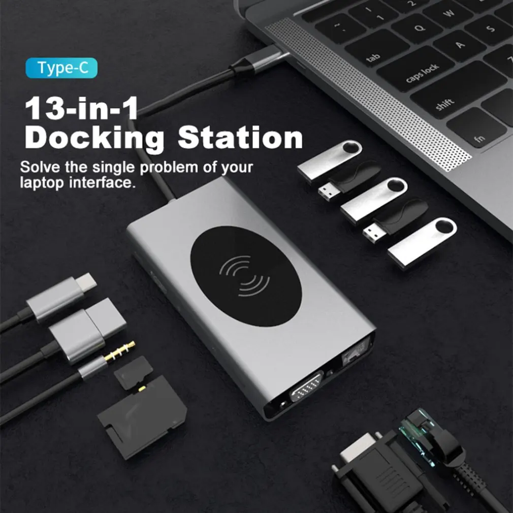 13 ports USB C Docking Station HDMI RJ45 VGA AUX PD USBC Hub for Laptop Macbook Pro with 3 5mm Headphone Jack Type C Hub
