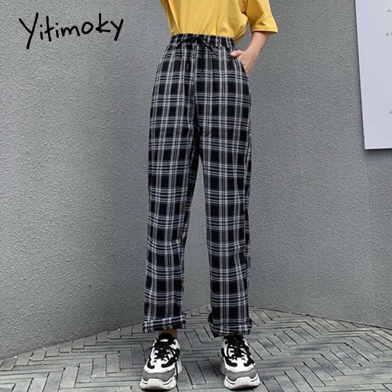 Plaid Pants Joggers Street-Sweatpant Wide-Leg Loose High-Waist Straight Plus-Size Women