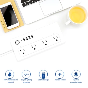 

US Plug WiFi Smart Ruler Power Outlet with 4 USB Charging Ports and 4 Smart AC Plugs Compatible with Alexa Google Mini IFTTT