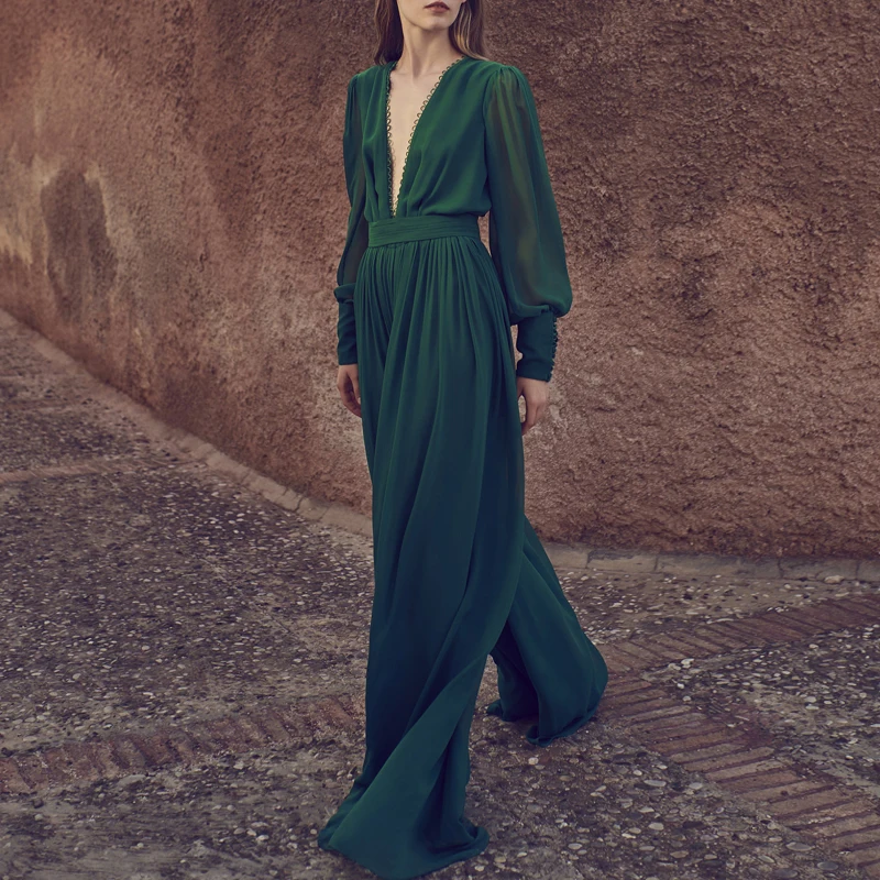 

Autumn women's new French retro high waist wide leg jumpsuit back hollow long jumpsuit women