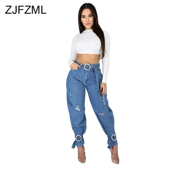 

High Waist Casual Ripped Jeans For Women Vintage Solid Hollow Hole Denim Pant Streetwear Female Sash Skinny Full Length Trouser