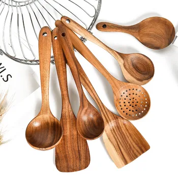 

Thailand Teak Natural Wood Tableware Spoon Ladle Turner Cooking Spoons Scoop Long Rice Colander Soup Skimmer Kitchen cooking Set