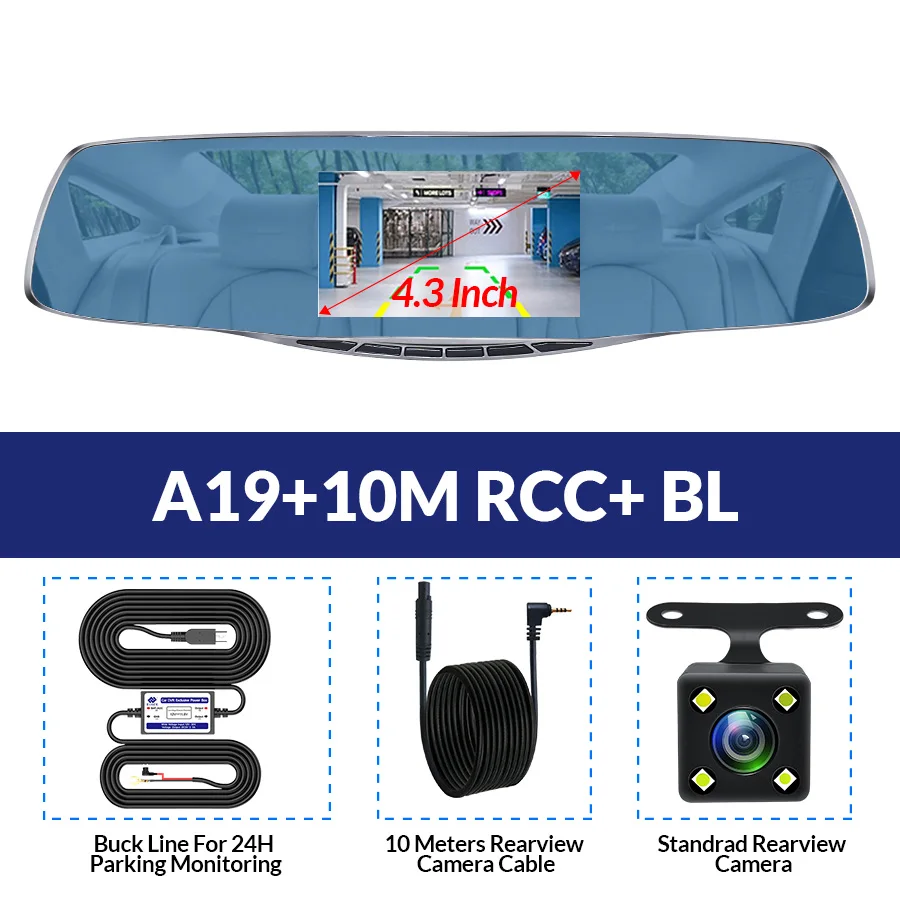 E-ACE, 4,3 дюймов, Автомобильный видеорегистратор, зеркальная камера, видео рекордер, двойной объектив с камерой заднего вида, авто регистратор FHD 1080 P, видеорегистратор - Название цвета: A19-10M RCC-BL