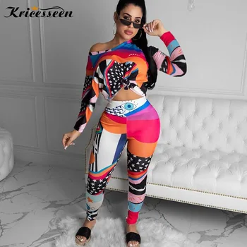 

Kricesseen Print Patchwork Sporty Workout Casual Matching Set Women Long Sleeve Bodycon Active Wear Outfits 2 Piece Suits