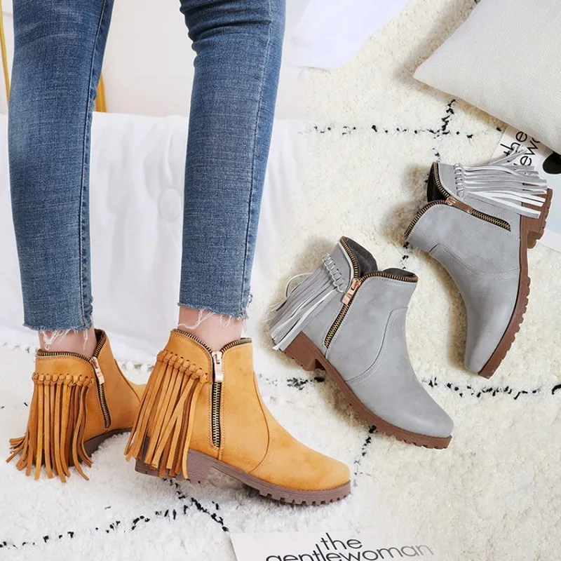 Plus Size33-47 Women's Boots Ladies Fashion Retro Solid Fringe Zip Thick Short Casual Shoes PU Leather Female Autumn | Обувь