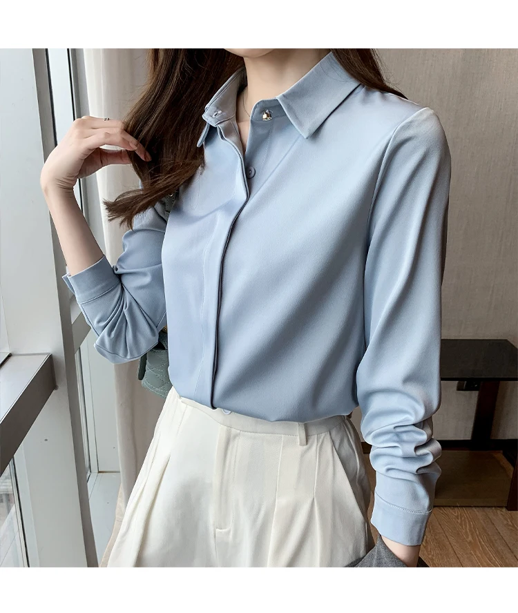 2022 Autumn Satin Women's Shirts Fashion Silk Button Solid OL Elegant Ladies Tops Long Sleeve Blouse Basic Women Shirts Blouses