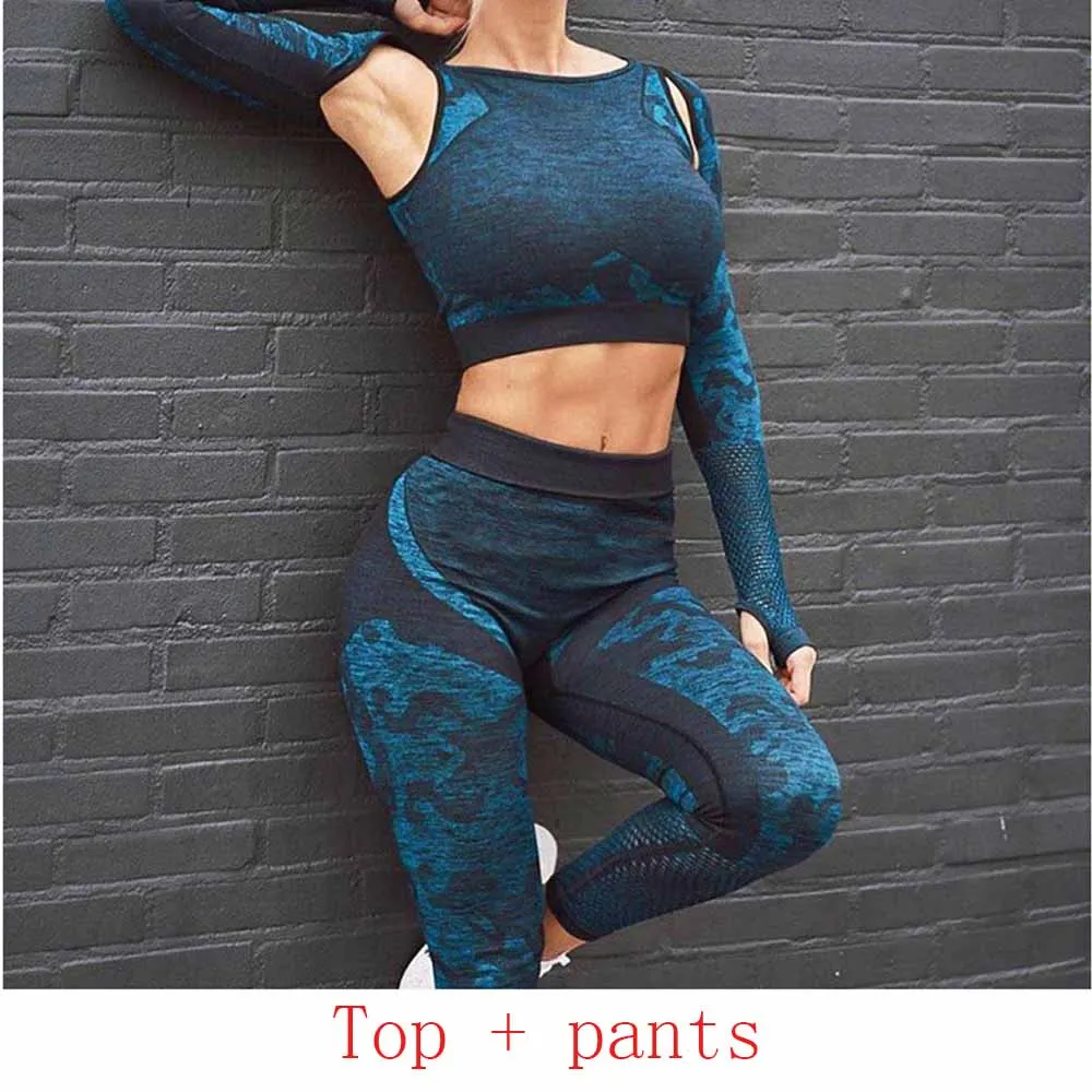 Женский Камуфляжный бесшовный костюм для йоги комплект из 2 предметов спортивная