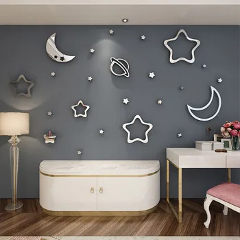 

3D Mirror Wall Stickers Hollow Star Moon Kids Room Bedroom Wall Sticker Art Decal DIY Home Decor Ceiling TV Background Wallpaper