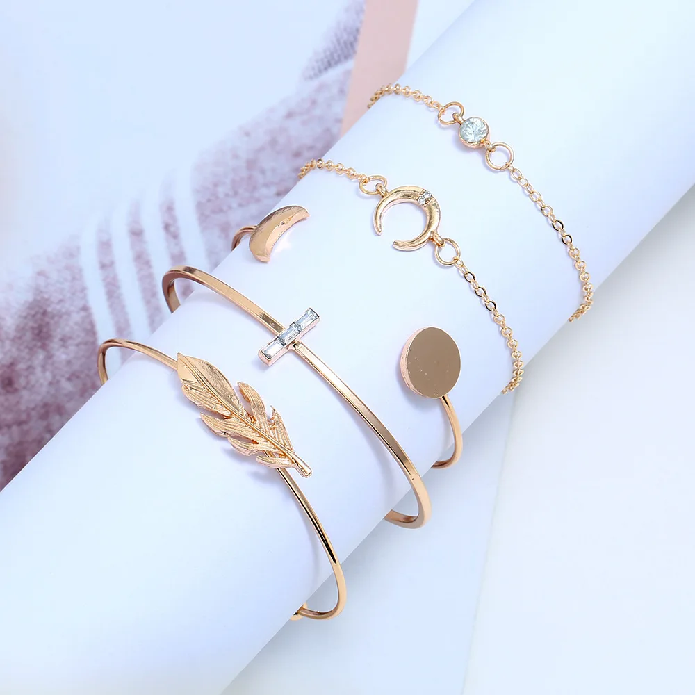 

Europe And America Hand Jewelry AliExpress New Style Cross Leaves Moon Bracelets Four-piece Set-