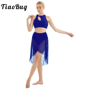 

TiaoBug Shiny Sequins Gymnastics Ballet Crop Tops with High-Low Mesh Leotard Skirt Women Performance Lyrical Dance Costumes Set