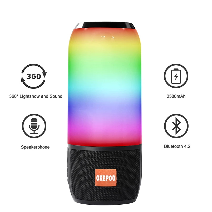

OKEPOO Sound Box Portable Bluetooth Speaker LED Lights HIFI Stereo Surround sound Built-in Microphone FM AUX Hands Free Outdoor