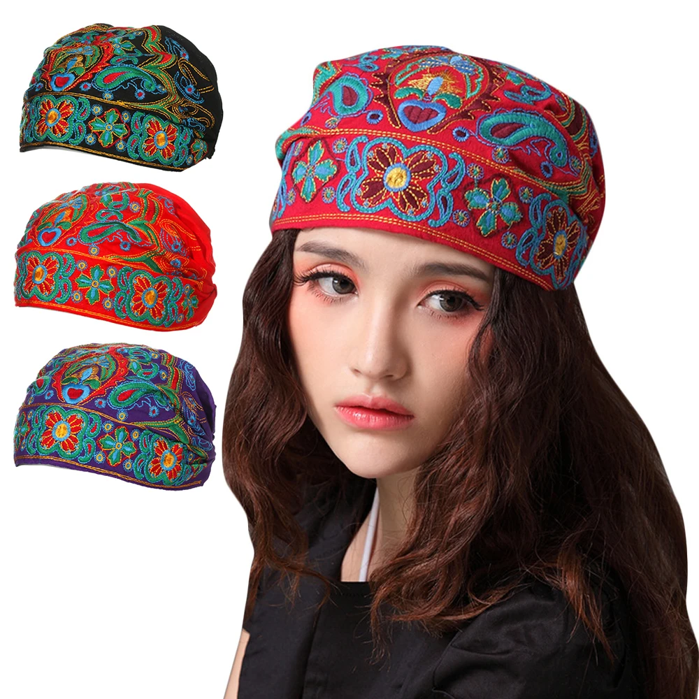 Women Mexican Style Ethnic Vintage Embroidery Flowers Bandanas Red Print Hat шапка женская меховая winter hats for women |