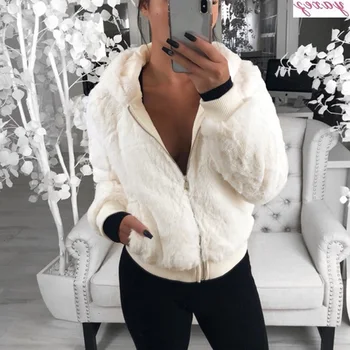 

For Women Zipper Jacket Thicken Plush Faux Fur Hooded Pocket Coat Turn Down Collar Soft Fleece Coat Winter Faux Fur Short Coat
