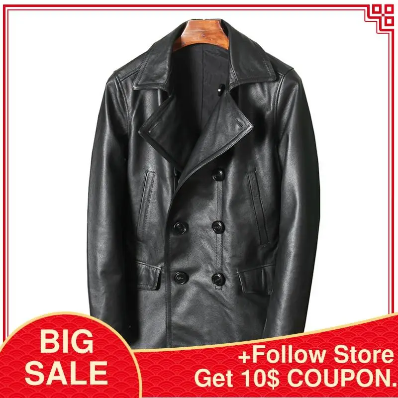 

2020 Black Double Breasted Casual Leather Jacket Men Plus Size 5XL Genuine Cowhide Autumn Slim Fit Long Leather Pea Coat