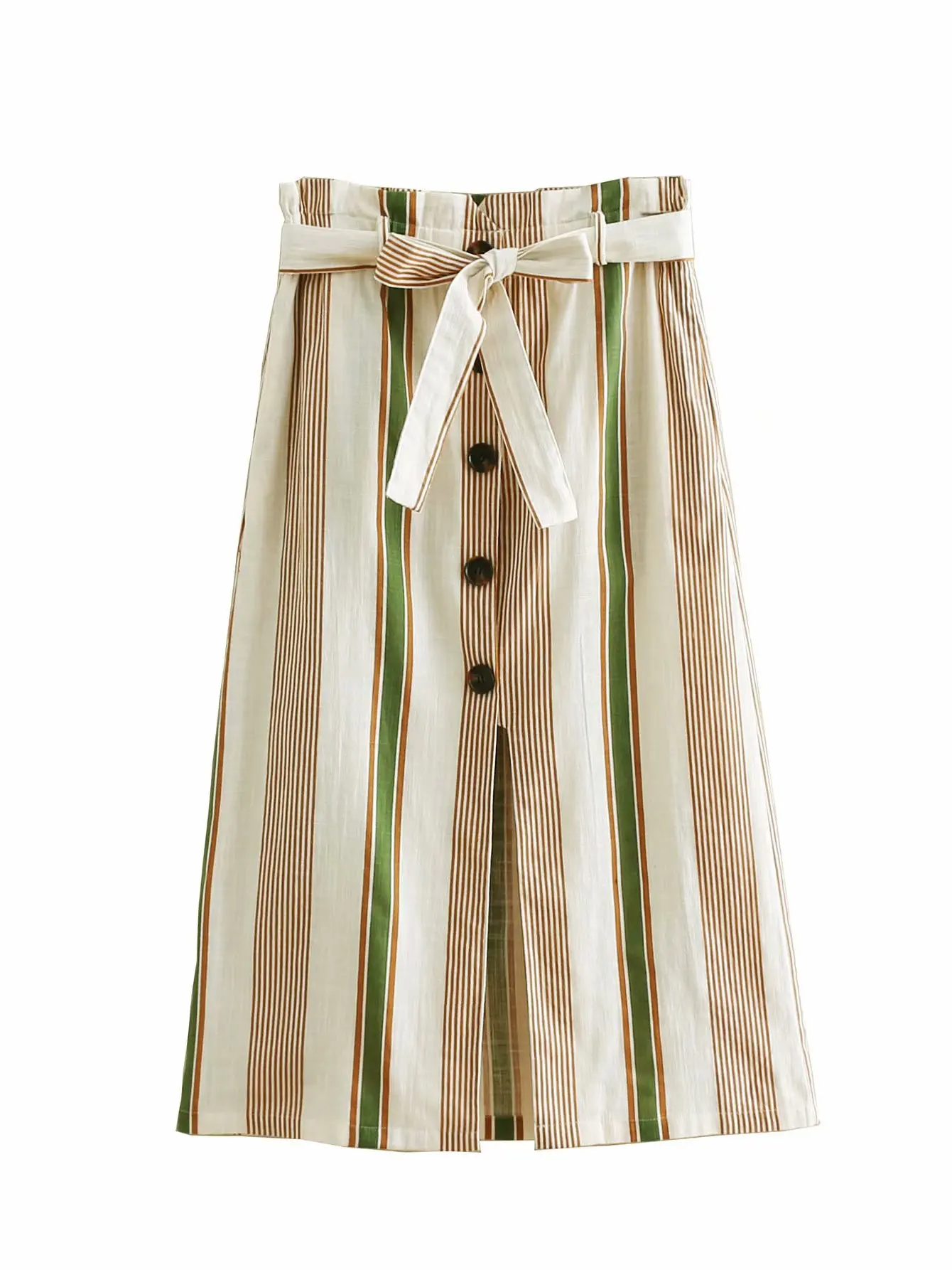 

Cbb-9147 Village-Style Stripes High-waisted Lace-up Row Button A- line Half-length Medium-length Dress